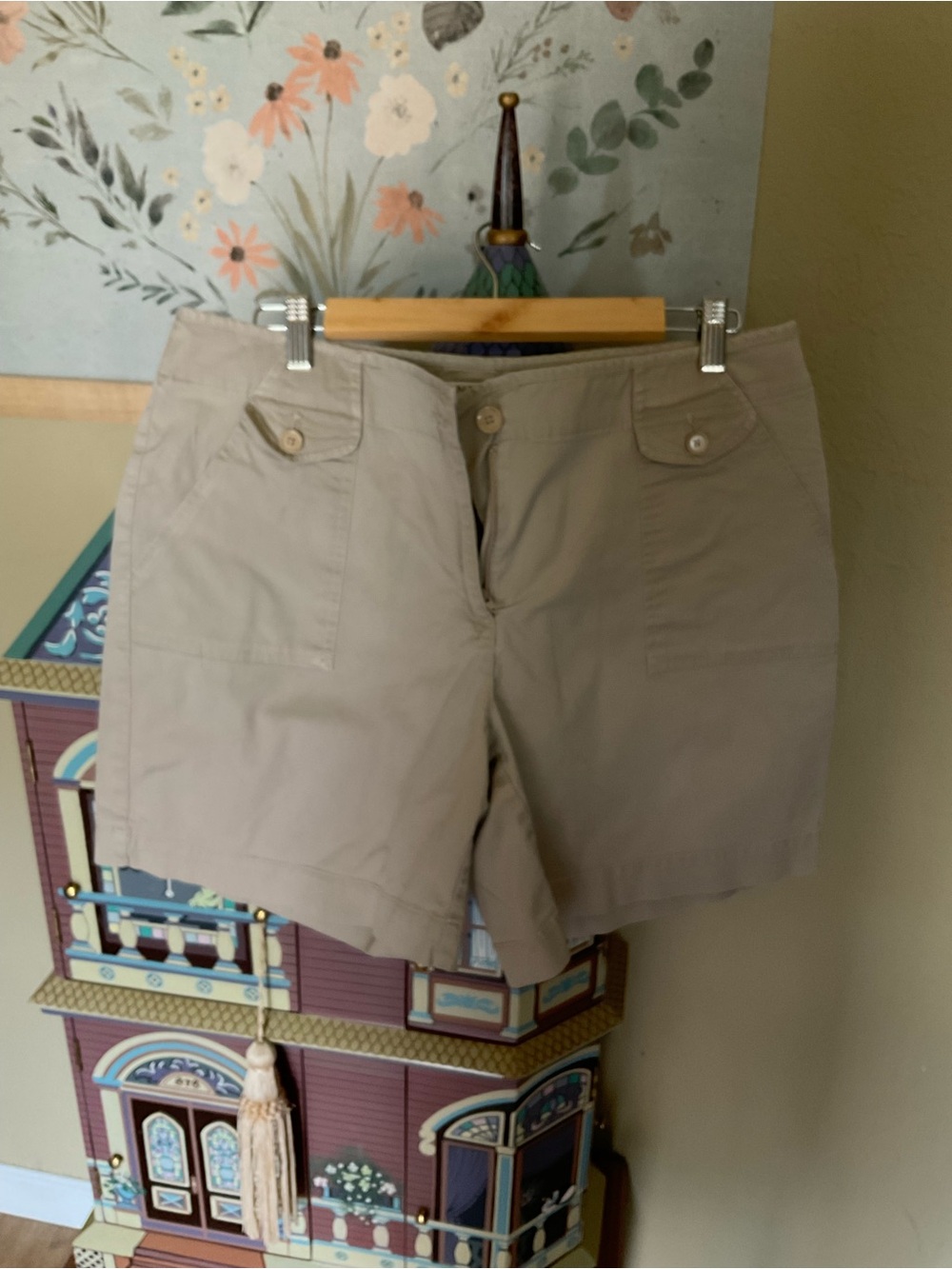 Hannah Beige Utility Shorts with Button-Flap Pockets